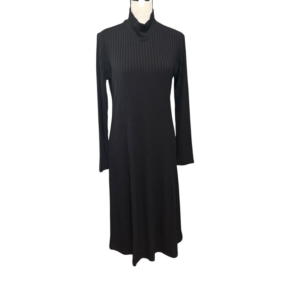 Susan Graver Large Ribbed Black Knit Midi Dress Sz MP Mock Neck